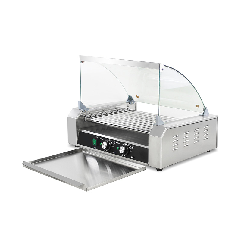 ماكينة شواء هوت دوج كهربائية من الفولاذ المقاوم للصدأ مع غطاء زجاجي