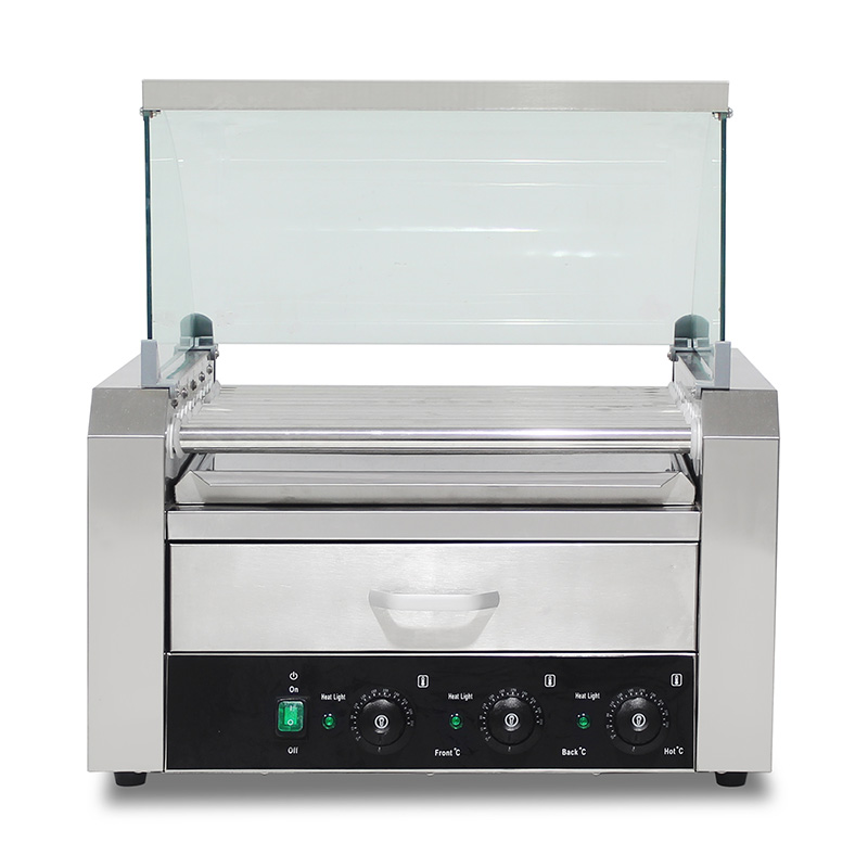 ماكينة شواء هوت دوج كهربائية من الفولاذ المقاوم للصدأ مع غطاء زجاجي