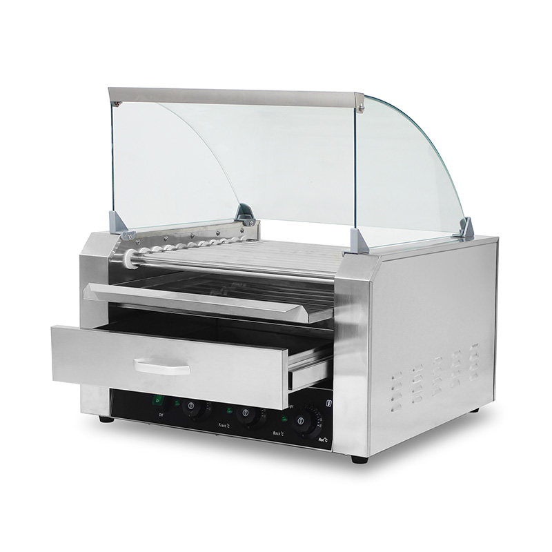 ماكينة شواء هوت دوج كهربائية من الفولاذ المقاوم للصدأ مع غطاء زجاجي