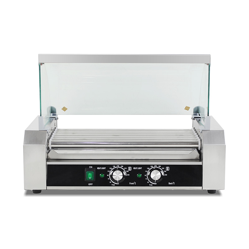 ماكينة شواء هوت دوج كهربائية من الفولاذ المقاوم للصدأ مع غطاء زجاجي