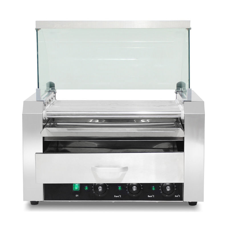 ماكينة شواء هوت دوج كهربائية من الفولاذ المقاوم للصدأ مع غطاء زجاجي
