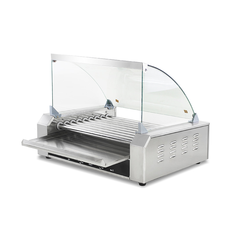 ماكينة شواء هوت دوج كهربائية من الفولاذ المقاوم للصدأ مع غطاء زجاجي
