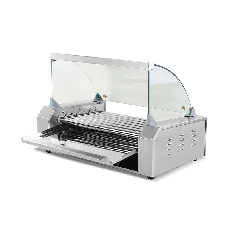 ماكينة شواء هوت دوج كهربائية من الفولاذ المقاوم للصدأ مع غطاء زجاجي