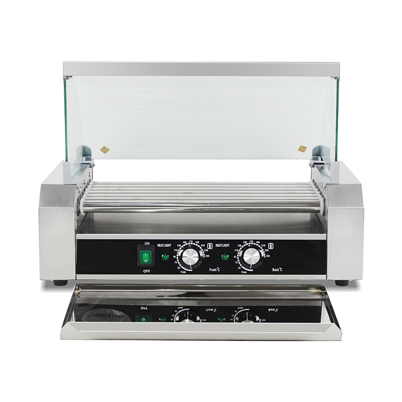 ماكينة شواء هوت دوج كهربائية من الفولاذ المقاوم للصدأ مع غطاء زجاجي