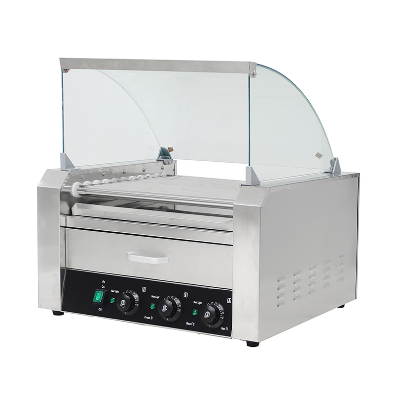 ماكينة شواء هوت دوج كهربائية من الفولاذ المقاوم للصدأ مع غطاء زجاجي