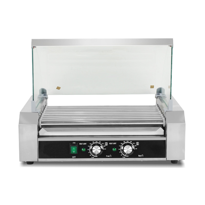 ماكينة شواء هوت دوج كهربائية من الفولاذ المقاوم للصدأ مع غطاء زجاجي